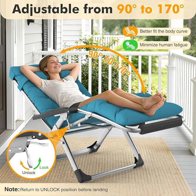 Slendor Oversized Zero Gravity Chairs XXL, 33IN Padded Zero Gravity Lounge Chair, Folding Reclining Patio Chair Lawn Recliner w/Aluminum Alloy Lock, Headrest, Cup Holder, Support 500lbs, Light Blue