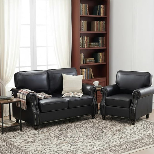 Kingfun Loveseat 2 Seater Couch with Chair, Mid Century Modern Faux Leather Sofa Set with Rolled Arms and Deep Seats, Fluffy Comfort for Living Room, Apartment, Easy Assembly,Black
