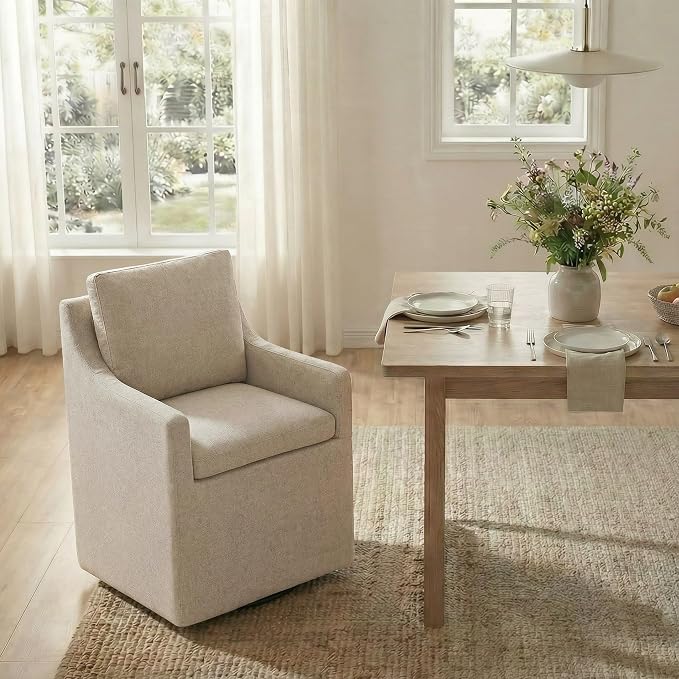 KISLOT Upholstered Dining Chairs Set of 1, Modern Dining Room Chairs with Casters & Washable Cover, Rolling Accent Chair with Hidden Storage for Kitchen, Farmhouse, Linen, 1 Box