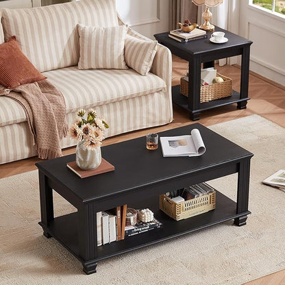 SAVOR LIFE Farmhouse TV Stand and Coffee Table Set 4, Rustic Wood Living Room Table Set with TV Console, Center Table, End Table Set of 2 for Living Room, Black