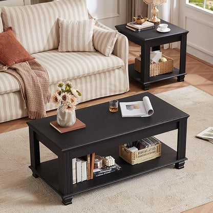 SAVOR LIFE Farmhouse Coffee Table and TV Stand Set of 2, Rustic Wood Living Room Table Set 2 with Center Table, TV Console for Living Room, Black