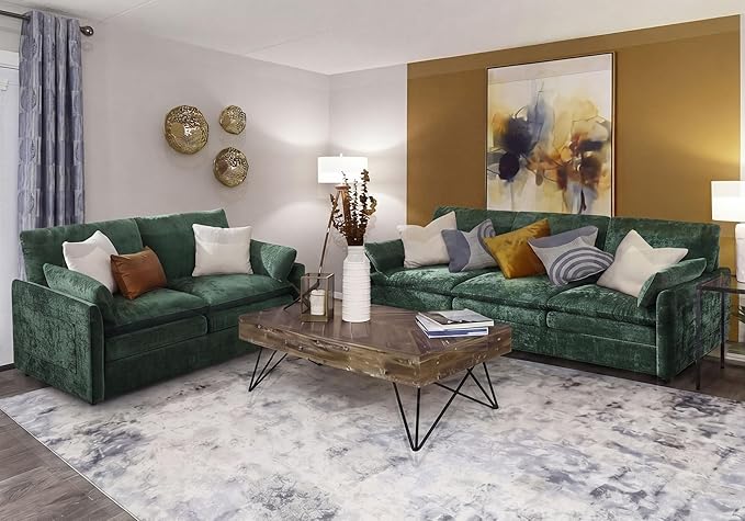 Iroomy Loveseat & 3 Seater, Chenille Cloud Couch, Modern Sofa, Comfy Plush Thick Cushions, Pocket Springs, Cloud-Like Comfort Sofas, Living Room Furniture Sets, Green