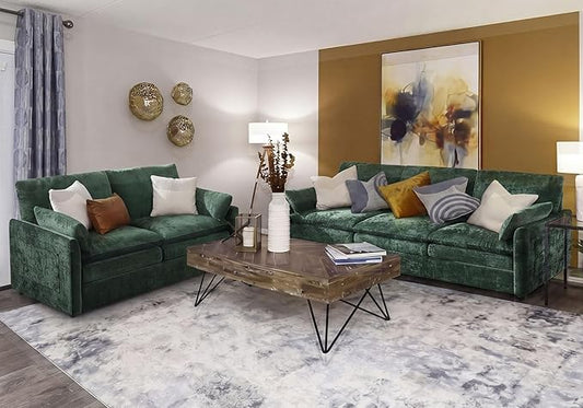 Iroomy Loveseat & 3 Seater, Chenille Cloud Couch, Modern Sofa, Comfy Plush Thick Cushions, Pocket Springs, Cloud-Like Comfort Sofas, Living Room Furniture Sets, Green