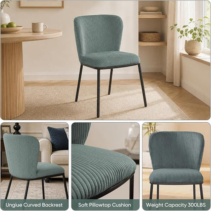 SIMTONAL Upholstered Dining Chairs Set of 2, Corduroy Armless Kitchen Chairs with Memory Foam Seat, Black Metal Legs, Mid Century Modern Accent Seating for Apartment, Vanity, [Sage Green]