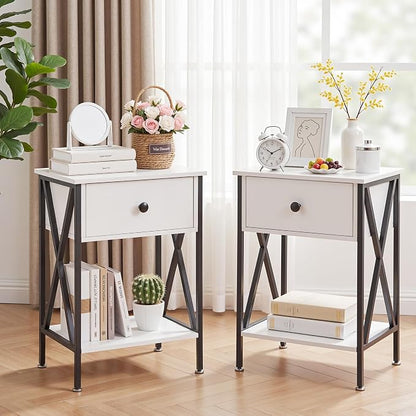 VECELO Nightstands Set of 2, Modern Bedside End Tables, Night Stands with Drawer and Storage Shelf for Living Room Bedroom, Industrial Metal Frame