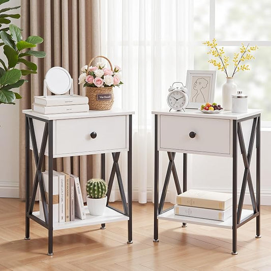 VECELO Nightstands Set of 2, Modern Bedside End Tables, Night Stands with Drawer and Storage Shelf for Living Room Bedroom, Industrial Metal Frame