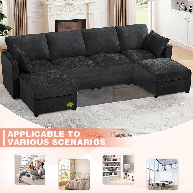 110” Chenille 4-Seats Sofa W/Two Movable Ottomans, Black | Modern Fabric U-Shaped Couch w/Soft Backrests, Upholstered Sectional Sofa w/Arm Pillows for Living Room, Office