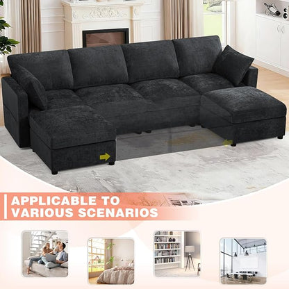 110” Chenille 4-Seats Sofa W/Two Movable Ottomans, Black | Modern Fabric U-Shaped Couch w/Soft Backrests, Upholstered Sectional Sofa w/Arm Pillows for Living Room, Office