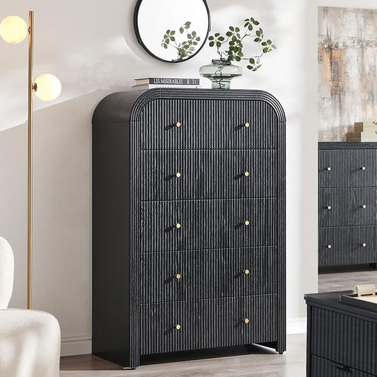 T4TREAM Fluted 5 Drawers Dresser, 48" Tall Modern Chest of Drawers with Thickened Curved Profile Design, Wood Closet Clothes Storage Organizer for Bedroom, Living Room, Hallway, Black Oak