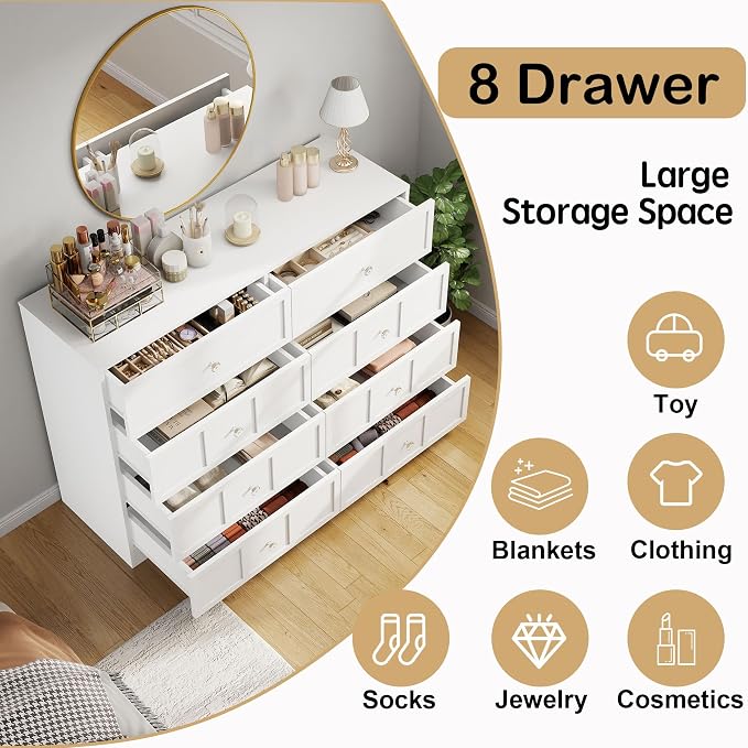 8 Drawer Dresser for Bedroom: 47" Fluted White Dresser Deep Drawers, Modern Chest of Drawers for Bedroom, Fluted Wood Dressers for Living Room, Hallway