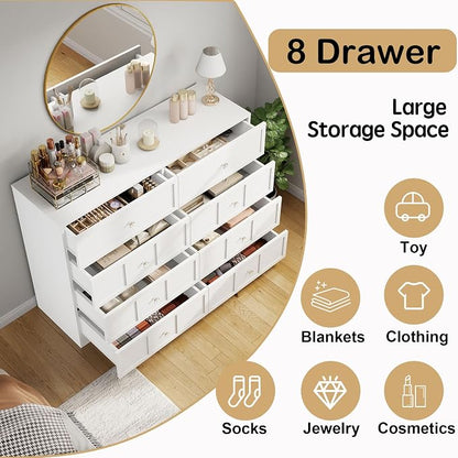8 Drawer Dresser for Bedroom: 47" Fluted White Dresser Deep Drawers, Modern Chest of Drawers for Bedroom, Fluted Wood Dressers for Living Room, Hallway