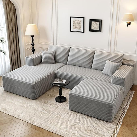 107.5" Cloud Modular Sectional Couch with 1 Ottoman,Modern Minimalist Upholstered Couches, Comfort U Shaped Sofa for Living Room,Deep Seat Corner Couch，No Assembly Required (Grey,Left Facing Chaise)