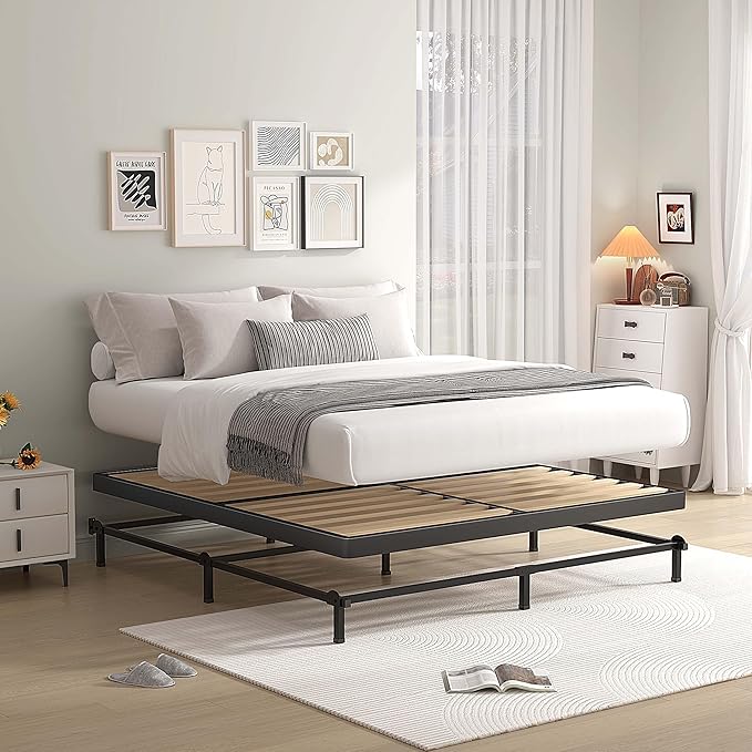 MAF 2 Inch Queen Box Spring with Round Corners, Low Profile Box Spring for Queen Bed, Bunkie Board with Wood Slats Bed Slat Replacement 3500 lbs Black Heavy Duty Mattress Foundation, Easy Assembly
