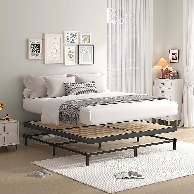 MAF 2 Inch Full Size Box Spring, Low Profile Box Spring with Round Corners, Bunkie Board with Wood Slats Bed Slat Replacement 3500 lbs Black Heavy Duty Metal Mattress Foundation, Easy Assembly