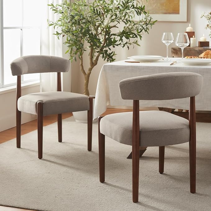 VKNOW Wooden Dining Chairs Set of 2, Modern Upholstered Dining Room Chairs with Walnut Wood Legs and Curved Backrest, Fabric Kitchen Chairs for Farmhouse/Living Room/Dining Room, Brown