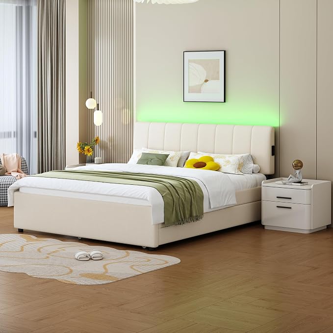 Queen Size Upholstered Platform Bed with Pull-Out Trundle Bed | Twin Size Trundle, LED Lighting Controlled by APP, USB+Type-C Charging Ports, Chenille Upholstered Bed Frame,Beige