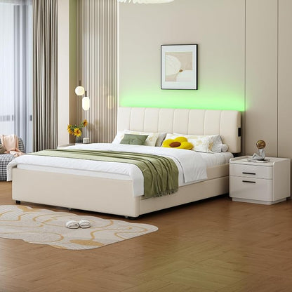 Queen Size Upholstered Platform Bed with Pull-Out Trundle Bed | Twin Size Trundle, LED Lighting Controlled by APP, USB+Type-C Charging Ports, Chenille Upholstered Bed Frame,Beige
