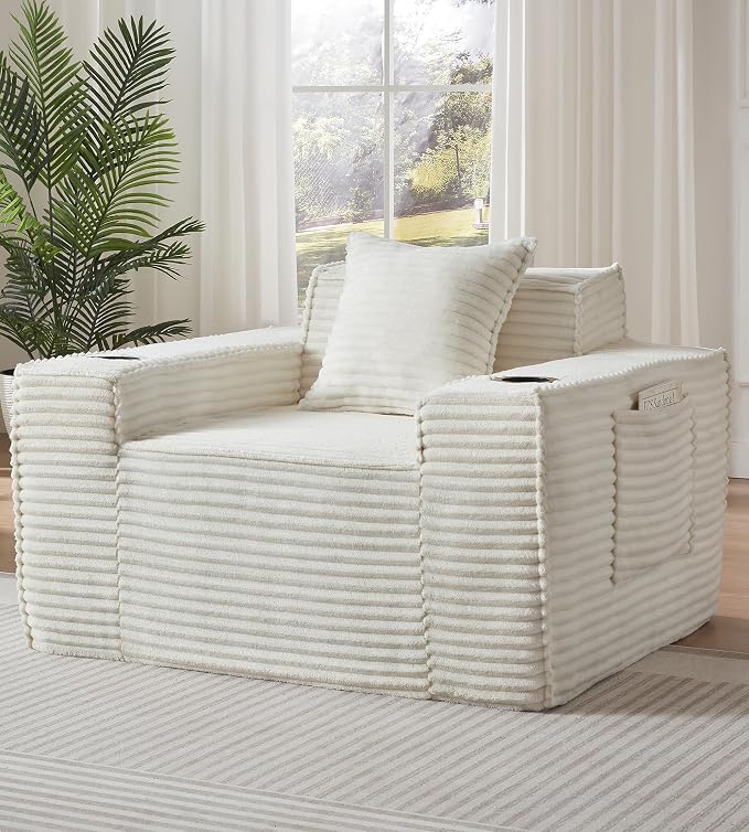 43.3" Boneless Chair with Cup Holder,Oversize Accent Chair with Side Pocket, Large Reading Sofa Chair for Compact Living Rooms, Apartments (Beige White, Single Sofa Chair)