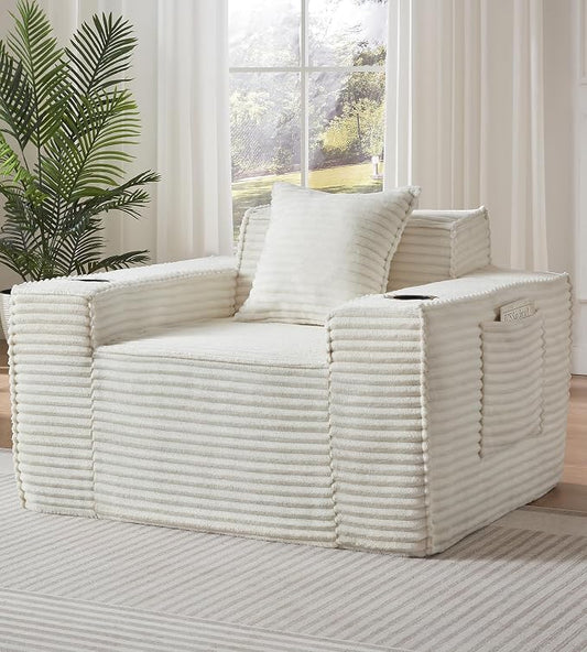 43.3" Boneless Chair with Cup Holder,Oversize Accent Chair with Side Pocket, Large Reading Sofa Chair for Compact Living Rooms, Apartments (Beige White, Single Sofa Chair)