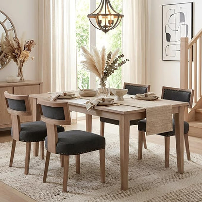 HNY Mid Century Modern Dining Chairs Set of 4, Farmhouse Linen Fabric Upholstered Accent Chairs Curved Nailhead Trim Backrest Kitchen Chairs, with Hardwood Frame, Charcoal