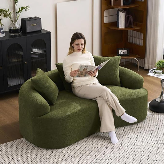 65" Curved Loveseat,Deep Seat Cloud Floor Couch with 3 Backrest,Cozy Chenille Fabric,Small Loveseat for Small Spaces,Bedroom,Office,Apartment (Green, 65 Inch)