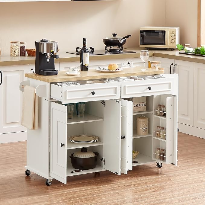 ONBRILL 58" Mobile Kitchen Island, Kitchen Island Cart with Power Outlet, Island Table for Kitchen, Home Bar Carts with Storage, Kitchen Rolling Island with Spice Rack & Towel Rack & Knife Holder