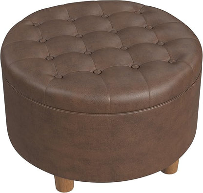 HomePop 28" Button Round Storage Ottoman - Brown Faux Leather