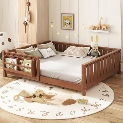 Bellemave Natural Montessori Floor Bed with Fence and Slats, Queen Size Montessori Floor Bed with Bookcase and High Rails, Easy Assemble Bed Frame for Girls, Boys, Queen