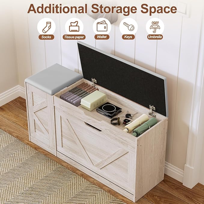 34" Storage Bench with Flip Drawers and Barn Doors, Adjustable Shelf, Flip-up Cabinet & Padded Cushion - Space-Saving Shoe Cabinet, Organizer for Entryway, Hallway, Bedroom