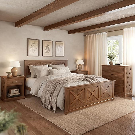 Harper & Bright Designs 4 Piece Bedroom Set, Farmhouse Queen Size Bedroom Furniture Sets with Wooden Platform Bed Frame, Bedroom Furniture Sets with 2 Storage Nightstands and Dresser, Walnut