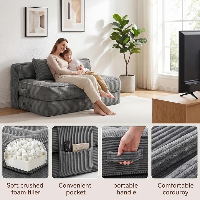 Folding Sofa Bed, Convertible Sleeper Chair with Pillow Foldable Mattress with Back Support, Portable Fold Out Chair Bed Comfy Floor Couch Lounge for Living Room Bedroom Apartment Single