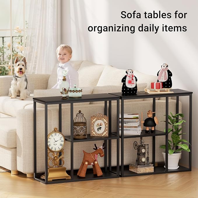 WOHOMO Console Table, 11.8'' Narrow Entryway Table for Living Room, 31.5'' x 31.5'' Black Industrial Sofa Table with 3-Tier Storage Shelves for Corridor, Hallway, Black