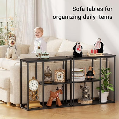 WOHOMO Console Table, 11.8'' Narrow Entryway Table for Living Room, 31.5'' x 31.5'' Black Industrial Sofa Table with 3-Tier Storage Shelves for Corridor, Hallway, Black