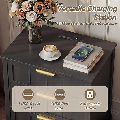 ChooChoo Black Nightstand with Charging Station, 3 Drawer Night Stand with USB-C Port, Larger Bedside Table with Storage, Modern End Table for Bedroom
