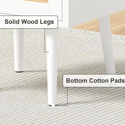 MECHYIN Night Stand Set 2, Nightstands Set of 2 with Charging Station, Rattan Side Tables with Solid Wood Legs, Boho Bedside End Table for Apartment Bedroom Dorm Small Space