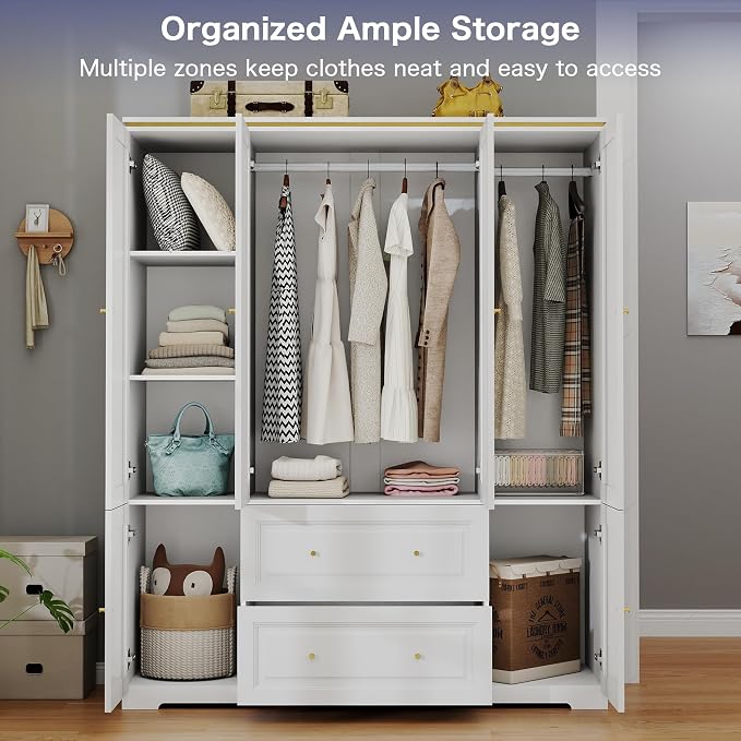 Armoire Wardrobe Closet with Drawers: 74" White Wardrobe with 2 Drawers, 4 Doors Bedroom Armoires with Hanging Rod, Tall Closet Cabinet for Hanging Clothes (59")