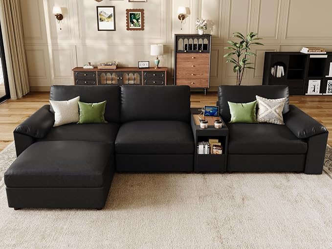 EASE MOOSE Leather Sectional Couch with Console,Oversized Modular Sectional Sofas,Wide Deep Seat Modular Couch,Scratch Resistant Faux Leather Material,L Shaped Sofa for Big Spaces,Black