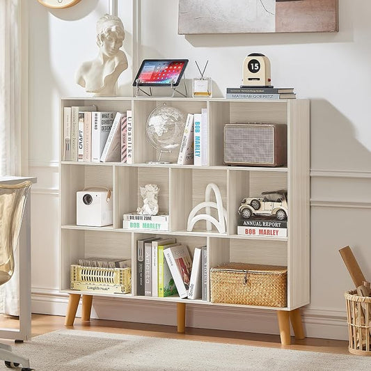 LEYAOYAO 10 Cube Bookshelf,3 Tier Modern Wide Bookcase with Legs,Mid-Century Wood Bookshelves Storage,Light Grey White Large Book Case,Freestanding Organizer Display Shelf for Living Room,Office
