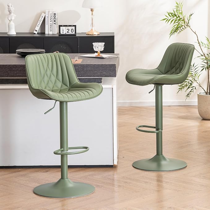 YOUTASTE Bar Stools Set of 2, Adjustable Swivel Counter Height Barstools with Back, All Olive Green Faux Leather Upholstered Bar Chairs with Metal Base, Stools for Kitchen Island or Home Bar