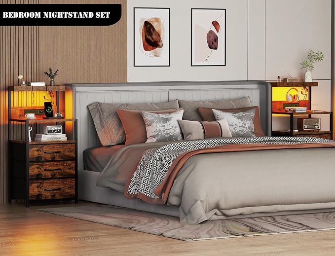 SZLHANJZ Nightstands Set of 2 with Outlet and USB C Port, Bedroom Night Stand with Led Lights and 3 Fabric Drawers, Matching Bedside Tables with Hooks, Vintage Style Storage End Tables, Rustic Brown