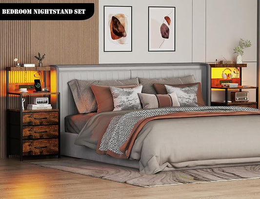 SZLHANJZ Nightstands Set of 2 with Outlet and USB C Port, Bedroom Night Stand with Led Lights and 3 Fabric Drawers, Matching Bedside Tables with Hooks, Vintage Style Storage End Tables, Rustic Brown