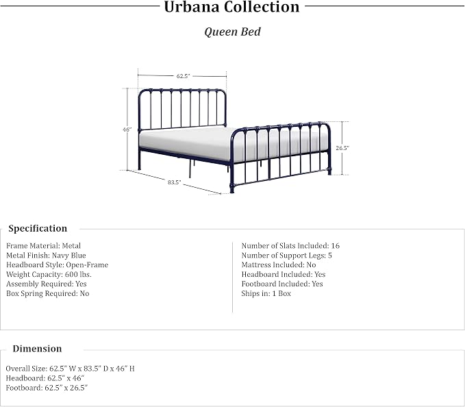 Lexicon Queen Metal Bed Frame, Platform Bed with Strong Metal Slat Support Under Bed Storage, Queen Bed Frame with Headboard, No Box Spring Needed, Easy Assembly, Queen, Navy Blue