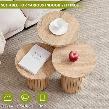 Round Side Tables Set of 3, Circle Modern Fluted Nesting Coffee Table, Accent End Table Set for Living Room and Bedroom, Natural