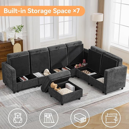 104'' V Shaped Modular Sofa, Sectional Couch with Storage for Living Room, Modern 7 Seater Cloud Sectional Couch with Movable Ottoman, Chenille Dark Grey