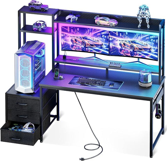 Casaottima 55 Inch Gaming Desk with Hutch & 3 Fabric Drawers, Computer Desk with USB Ports & LED Lights, Reversible Pc Gamer Table with Monitor Stand for Home Office, Carbon Fiber Black