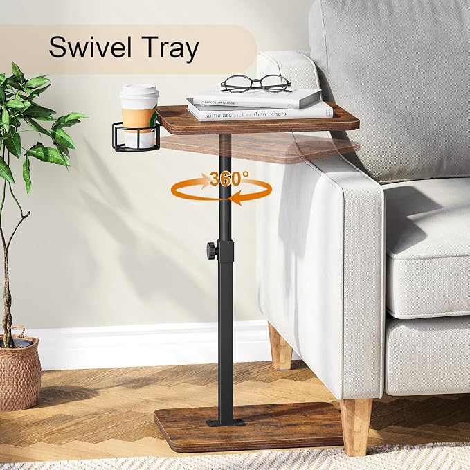 Giikin TV Tray Table, 360° Swivel Height Adjustable TV Trays for Eating on Couch,Sofa Armrest Side Table for Small Spaces Sofa Bed Dinner, Rustic Brown