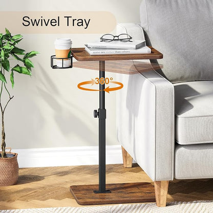 Giikin TV Tray Table, 360° Swivel Height Adjustable TV Trays for Eating on Couch,Sofa Armrest Side Table for Small Spaces Sofa Bed Dinner, Rustic Brown