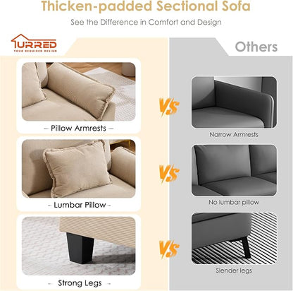 URRED Oversized Modular Sectional Sofa, 122" U Shaped Modern Comfy Cloud Couch with Movable Ottoman & Pillows, Deep Seat Couches for Living Room, Bedroom or Apartment (Corduroy Khaki, 122" U Shaped)