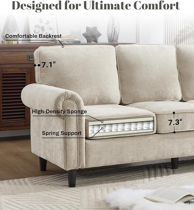 Kingfun 3 Seater Couch, Mid Century Modern Sofa with Rolled Arms and Deep Seats, Fluffy Comfort for Living Room, Apartment, Easy Assembly, Khaki