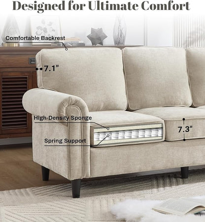 Kingfun 3 Seater Couch, Mid Century Modern Sofa with Rolled Arms and Deep Seats, Fluffy Comfort for Living Room, Apartment, Easy Assembly, Khaki